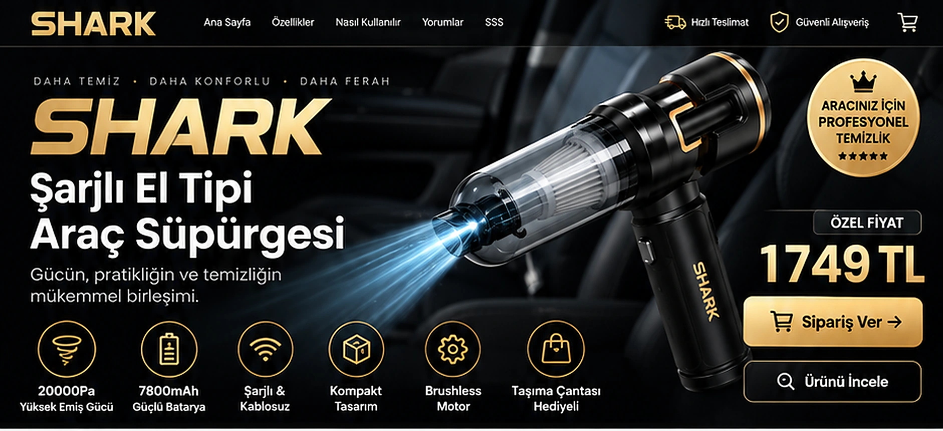 SHARK şarjlı el tipi araç süpürgesi ana tanıtım bannerı